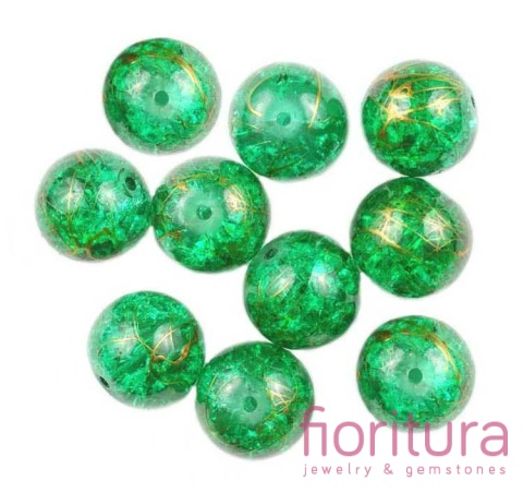 KORALIKI SZKLANE CRACLE KULA 18MM KOLOR AMAZON ZE ZŁOTĄ NITKĄ