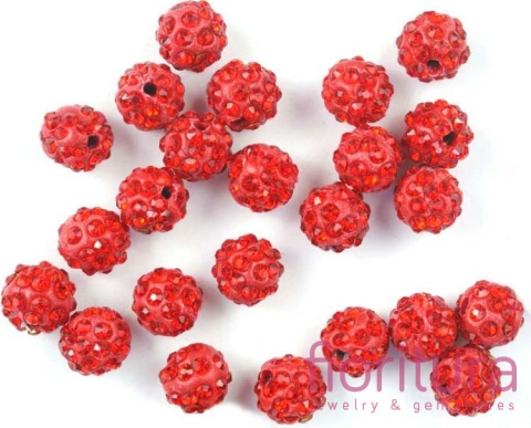 KORALIKI CARAMBALLA Z KRYSZTAŁKAMI STRASS KULA 10MM KOLOR CZERWONY