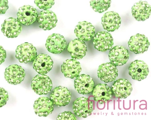 KORALIKI CARAMBALLA Z KRYSZTAŁKAMI STRASS KULA 10MM KOLOR ZIELONY