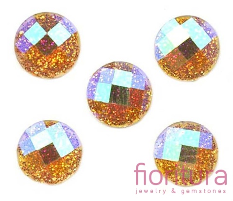 KABOSZON Z ŻYWICY FASETOWANY TRANSPARENTNY Z BROKATEM KOŁO 10MM KOLOR CHAMPAGNE AB