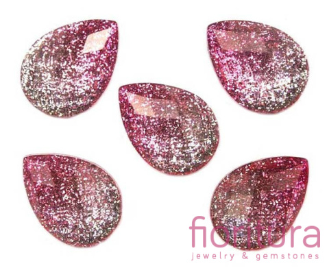 KABOSZON AKRYLOWY FASETOWANY Z BROKATEM ŁEZKA 18x13MM KOLOR RÓŻOWY/SREBRNY