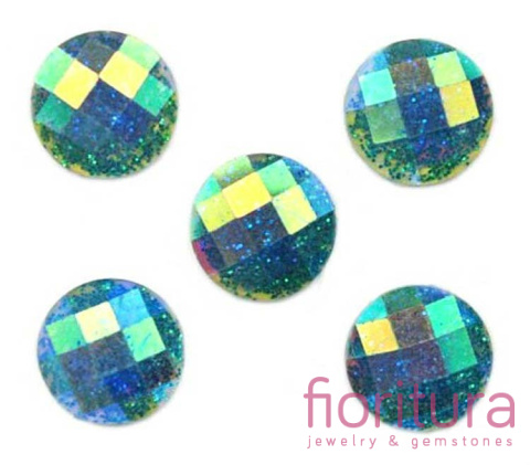 KABOSZON Z ŻYWICY FASETOWANY TRANSPARENTNY Z BROKATEM KOŁO 10MM KOLOR BLUE AB