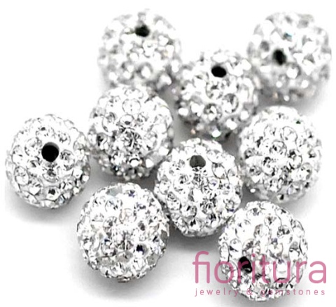 KORALIKI CARAMBALLA Z KRYSZTAŁKAMI STRASS KULA 10MM KOLOR BIAŁY