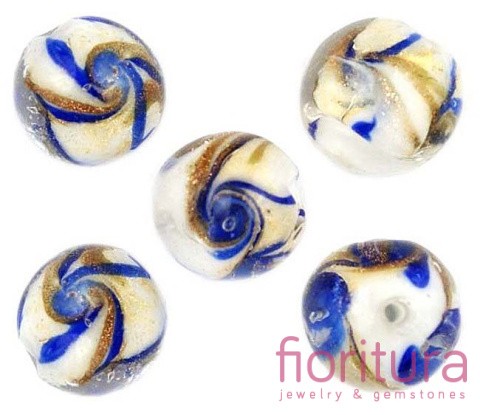 KORALIKI LAMPWORK KULA 14MM KOLOR BIAŁY/KOBALTOWY/ZŁOTY
