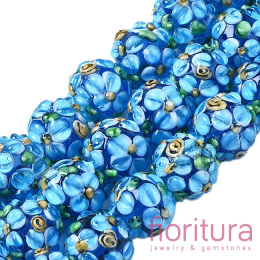 RĘCZNIE ROBIONE KORALIKI SZKLANE LAMPWORK KWIATY KULA NIEREGULARNA 12-13x11-12MM KOLOR DODGER BLUE