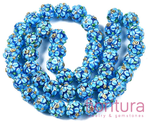 RĘCZNIE ROBIONE KORALIKI SZKLANE LAMPWORK KWIATY KULA NIEREGULARNA 12-13x11-12MM KOLOR DODGER BLUE