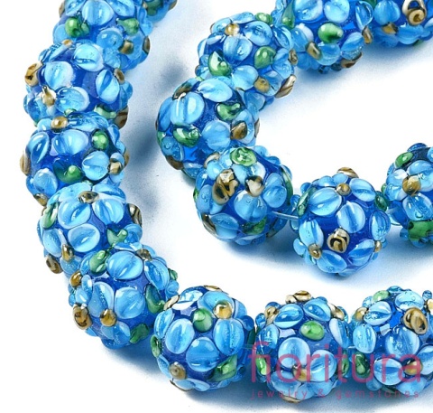 RĘCZNIE ROBIONE KORALIKI SZKLANE LAMPWORK KWIATY KULA NIEREGULARNA 12-13x11-12MM KOLOR DODGER BLUE