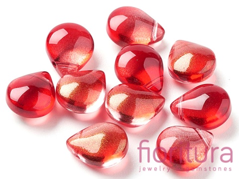 KORALIKI SZKLANE Z BROKATEM ŁEZKI GŁADKIE 12x9x6MM KOLOR RED TRANSPARENT