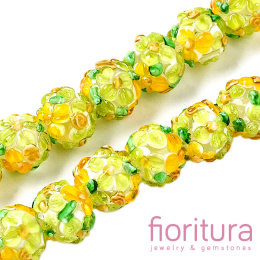 RĘCZNIE ROBIONE KORALIKI SZKLANE LAMPWORK KWIATY KULA NIEREGULARNA 12-13x11-12MM KOLOR GREEN YELLOW