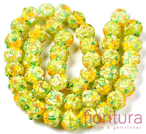 RĘCZNIE ROBIONE KORALIKI SZKLANE LAMPWORK KWIATY KULA NIEREGULARNA 12-13x11-12MM KOLOR GREEN YELLOW