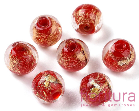RĘCZNIE ROBIONE KORALIKI SZKLANE SZKŁO WENECKIE ZE ZŁOTĄ FOLIĄ KULA 10x10MM KOLOR RED