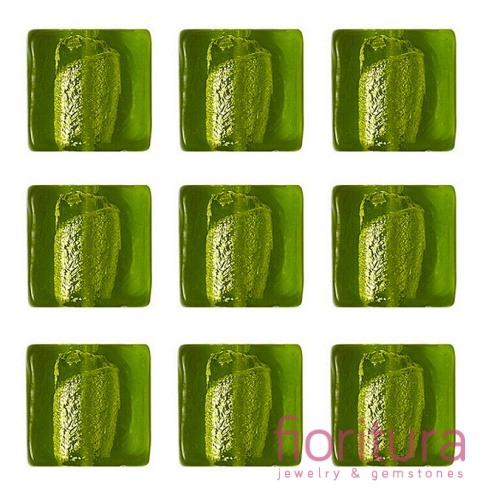 RĘCZNIE ROBIONE KORALIKI SZKLANE SZKŁO WENECKIE ZE SREBRNĄ FOLIĄ KWADRAT 12x12x6MM KOLOR LIME GREEN