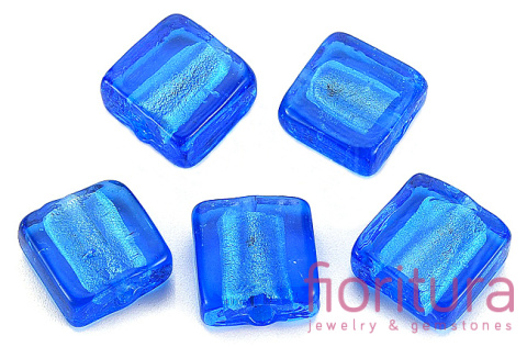 RĘCZNIE ROBIONE KORALIKI SZKLANE SZKŁO WENECKIE ZE SREBRNĄ FOLIĄ KWADRAT 12x12x6MM KOLOR DODGER BLUE