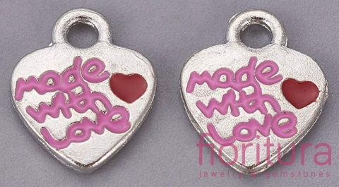 ZAWIESZKA EMALIOWANA SERCE Z NAPISEM ''MADE WITH LOVE'' 13X10MM KOLOR STARE SREBRO