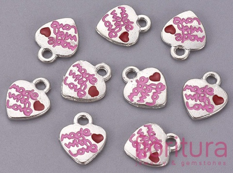 ZAWIESZKA EMALIOWANA SERCE Z NAPISEM ''MADE WITH LOVE'' 13X10MM KOLOR STARE SREBRO