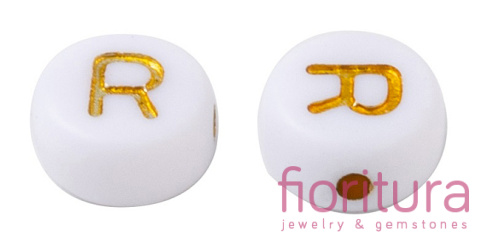 ZESTAW KORALIKÓW AKRYLOWYCH Z LITERAMI A-Z PASTYLKA 7x3,5MM KOLOR BIAŁY ZE ZŁOTYMI LITERAMI 1898 SZT