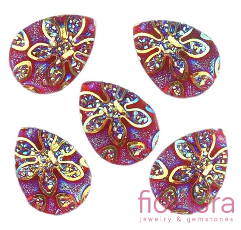 KABOSZON AKRYLOWY Z BROKATEM ŁEZKA 18MM KOLOR RED AB