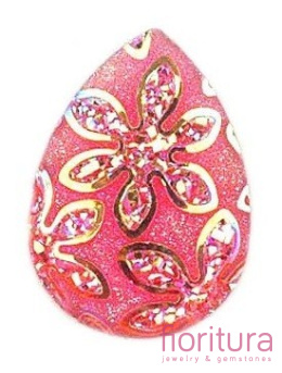 KABOSZON AKRYLOWY Z BROKATEM ŁEZKA 24x18MM KOLOR PINK AB