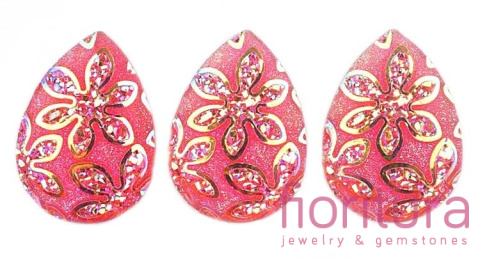 KABOSZON AKRYLOWY Z BROKATEM ŁEZKA 24x18MM KOLOR PINK AB